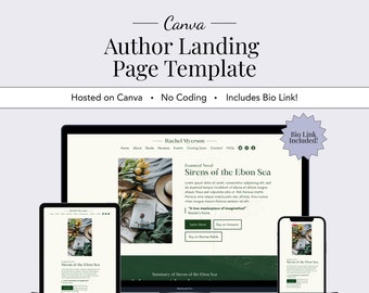 Plantilla de sitio web para autores, diseño de sitio web para autores, plantilla de sitio web para escritores, plantilla de sitio web de Canva para autores, plantilla de página de destino