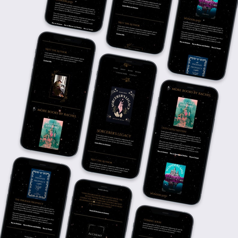 May include: A collection of book covers with a dark background and gold accents. The covers feature illustrations of fantasy scenes and the titles "Sorcerer's Legacy", "Old Castle Mystery", "Wonderland", "The Phoenix Prophecy", and "Alchemy".