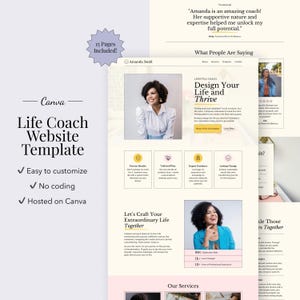 May include: A Canva Life Coach Website Template with a light beige and pink color scheme. The template includes the text "Design Your Life and Thrive" and "Let's Craft Your Extraordinary Life Together". The template is easy to customize, requires no coding, and is hosted on Canva.