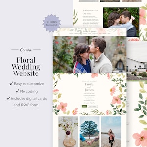 Floral Wedding Website, Floral Wedding Invitation Template, RSVP Wedding Website, Editable Canva Template, Save the Date Website