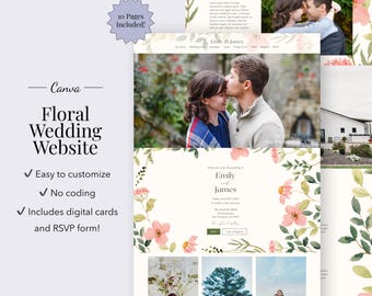 Sitio web de bodas florales, plantilla de invitación de boda floral, sitio web de RSVP para bodas, plantilla editable de Canva, sitio web de reserva de fecha