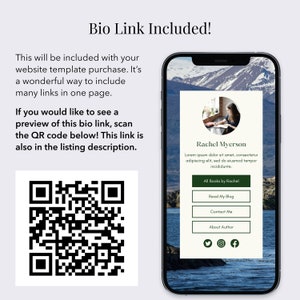 May include: A QR code with a smartphone mockup showing a bio link page with a mountain background. The page includes a profile picture, name, bio, and links to "All Books by Rachel", "Read My Blog", "Contact Me", and "About Author".