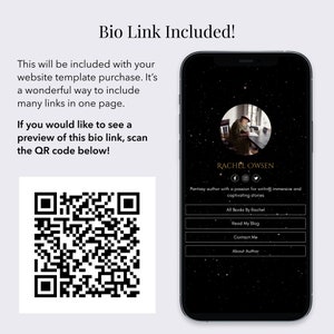 May include: A smartphone mockup with a dark background and a QR code. The screen displays a bio link for Rachel Owsen, a fantasy author. The bio link includes links to her books, blog, contact information, and author page.