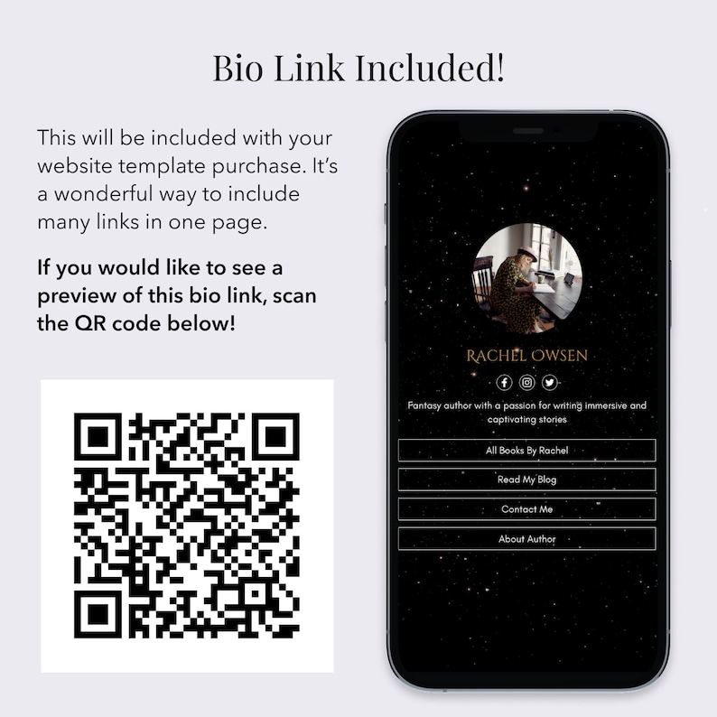 May include: A smartphone mockup with a dark background and a QR code. The screen displays a bio link for Rachel Owsen, a fantasy author. The bio link includes links to her books, blog, contact information, and author page.