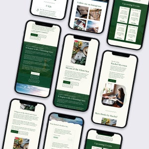 May include: A website mockup for a book author, featuring a green and white color scheme. The website includes information about the author, their books, upcoming events, and FAQs. The website also includes a call to action to buy the author's books.
