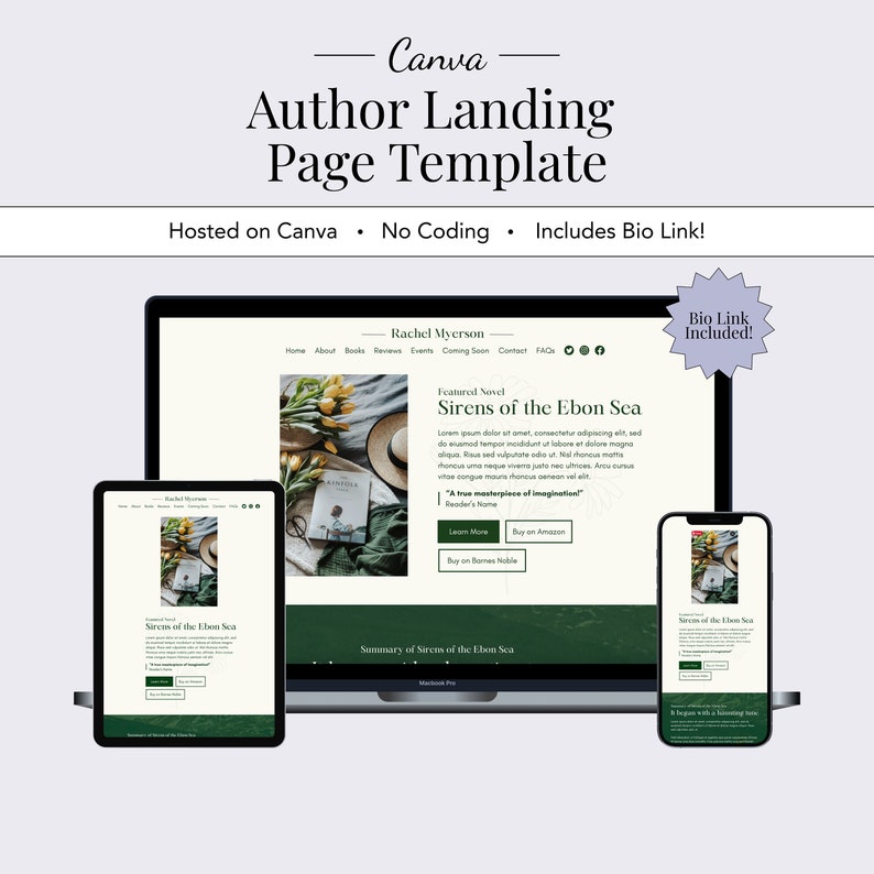May include: A mockup of a website landing page for an author, featuring a green and white color scheme. The page includes a book cover, a summary of the book, and links to purchase the book on Amazon and Barnes & Noble. The website also includes a bio link for the author.