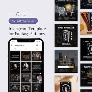 Könnte beinhalten: Instagram-Vorlage für Fantasy-Autoren mit Canva-Vorlagen. Das Bild zeigt verschiedene Instagram-Post-Designs zum Thema Fantasy, darunter Buchcover, Werbegrafiken und Veranstaltungsankündigungen. Die Vorlagen sind für Autoren konzipiert.