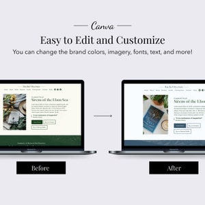 May include: A before and after image showing how to customize a website using Canva. The website is for a book author and features a book cover with the title "Sirens of the Ebon Sea".