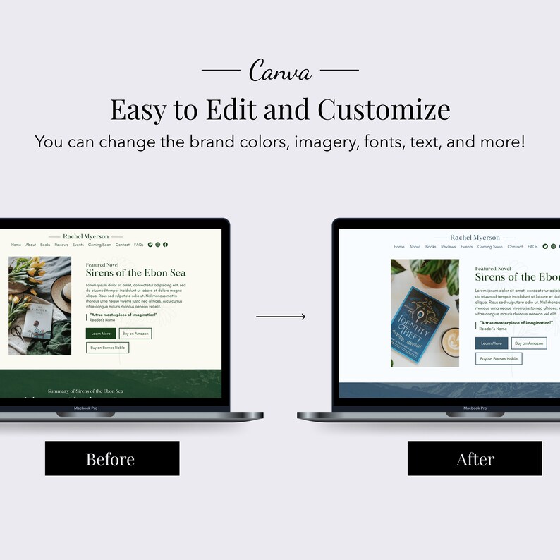 May include: A before and after image showing how to customize a website using Canva. The website is for a book author and features a book cover with the title "Sirens of the Ebon Sea".