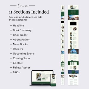 May include: A mockup of a website for a book, showing different sections including a headline, book summary, book trailer, about the author, more books, reviews, upcoming events, coming soon, contact, follow the author, and FAQs.