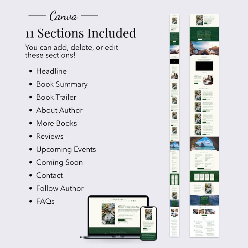 May include: A mockup of a website for a book, showing different sections including a headline, book summary, book trailer, about the author, more books, reviews, upcoming events, coming soon, contact, follow the author, and FAQs.