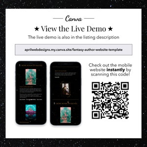 May include: A mobile phone screen displaying a website template for a fantasy author. The website features a black background with gold accents and includes a "Meet the Author" section, a "More Books by Rachel" section, and a book cover image. The website is also accessible by scanning the QR code on the right side of the image.