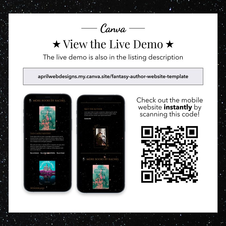 May include: A mobile phone screen displaying a website template for a fantasy author. The website features a black background with gold accents and includes a "Meet the Author" section, a "More Books by Rachel" section, and a book cover image. The website is also accessible by scanning the QR code on the right side of the image.