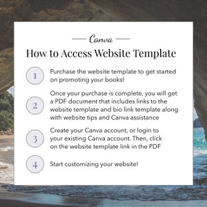 May include: A white and gray graphic with a blue background shows a step-by-step guide on how to access a website template on Canva. The steps are numbered 1 through 4. The text reads: "Canva How to Access Website Template 1. Purchase the website template to get started on promoting your books! 2. Once your purchase is complete, you will get a PDF document that includes links to the website template and bio link template along with website tips and Canva assistance. 3. Create your Canva account, or login to your existing Canva account. Then, click on the website template link in the PDF. 4. Start customizing your website!"