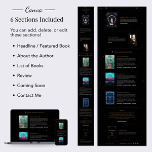 May include: A website mockup for an author's website. The website features a black background with gold stars and a featured book cover. The website includes sections for the author's biography, a list of books, reviews, and a coming soon section.