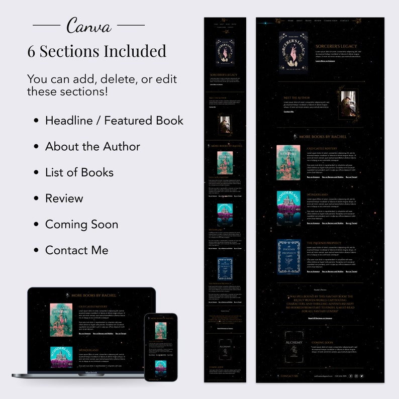 May include: A website mockup for an author's website. The website features a black background with gold stars and a featured book cover. The website includes sections for the author's biography, a list of books, reviews, and a coming soon section.