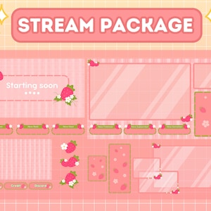 Animated Stream Overlay Package for Twitch, Cute Lofi Theme Overlay, Cute Pink Strawberry Theme Overlay, Cute Pink Aesthetic, Kawaii Overlay