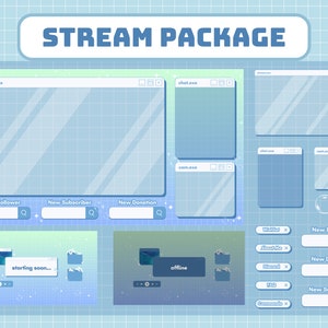 Animated Stream Overlay Package for Twitch, Lofi Desktop Theme Overlay, Cute Bubble Windows Theme Overlay, Pastel Blue Green Aesthetic