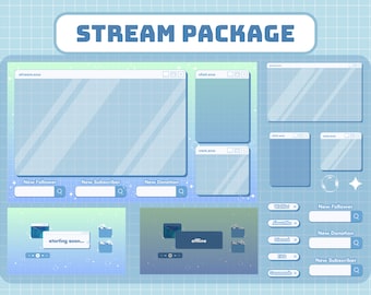 Animated Stream Overlay Package for Twitch, Lofi Desktop Theme Overlay, Cute Bubble Windows Theme Overlay, Pastel Blue Green Aesthetic
