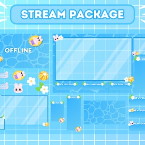 Animated Stream Overlay Package for Twitch, Cute Summer Theme Overlay, Cute Bunny Pool Theme Overlay, Cute Blue Aesthetic, Kawaii Twitch