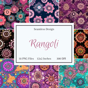 Op de afbeelding: Een set van 18 digitale naadloze patronen met kleurrijke mandala's in verschillende stijlen. De patronen zijn 12x2 inch en 300 DPI. De patronen worden "Rangoli" genoemd en zijn perfect voor het creëren van unieke en levendige ontwerpen.