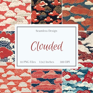 May include: A set of 18 seamless digital paper patterns featuring red, white, and blue clouds in a variety of styles. The patterns are 12x2 inches and 300 DPI.