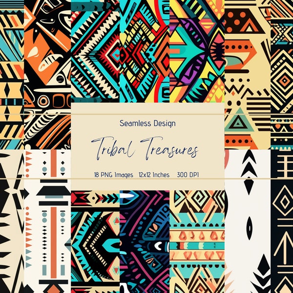 18 Seamless Tribal Inspired Pattern | Tribal Treasures | Digital Download | 18 Pattern Bundle | Printable Pattern