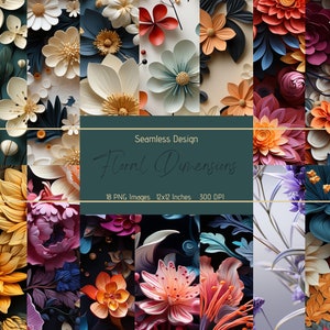 May include: A collection of 18 seamless digital paper patterns featuring colourful paper flowers in various styles. The patterns are 12x12 inches and 300 DPI. Seamless Design Floral Dimensions.