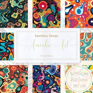 May include: A set of 18 digital seamless patterns featuring abstract amoeba shapes in vibrant colors like blue, green, red, orange, yellow, and purple. The patterns are 12x12 inches and 300 DPI.