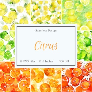 18 Seamless Citrus Patterns | Citrus | Digital Download | 18 Pattern Bundle | Printable Pattern