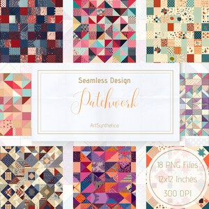 May include: A collection of nine patchwork designs in various colors and patterns. The designs include squares and triangles with floral, polka dot, and geometric motifs. The image also includes the text "Seamless Design Patchwork" and "ArtSynthetica".