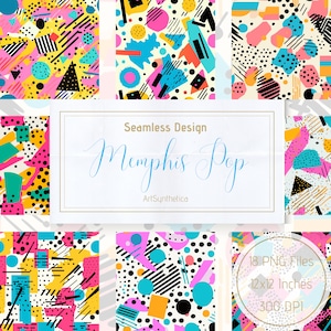 May include: A set of 18 digital seamless patterns in a Memphis Pop style. The patterns feature geometric shapes, lines, and dots in a variety of bright colors, including pink, blue, yellow, and black. The patterns are 12x12 inches and 300 DPI.