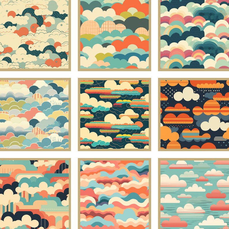 18 Seamless Retro Cloud Patterns | Retro Clouds | Digital Download | 18 ...
