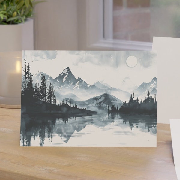 Moonrise at Mountain Lake Greeting Card, Misty Pine Trees Scene, Shades of Gray and Black