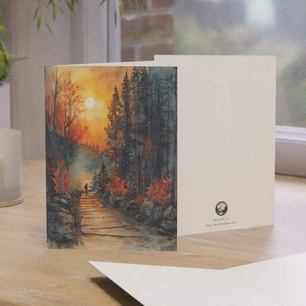 Autumn Forest Path Greeting Card, Sunset Hike Scene, Nature Lover's Perfect Gift, Seasonal Blank Card with Envelope