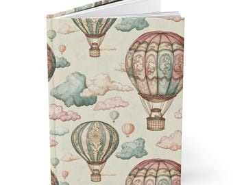 Vintage Style Hardcover Journal, Whimsical Hot Air Balloons, Pastel Cloud Dreams