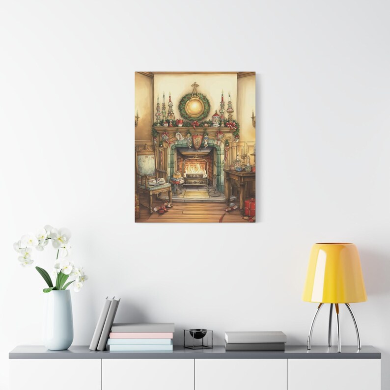 Festive Christmas Fireplace Mantel Canvas Wrap, Cozy Holiday Decor ...