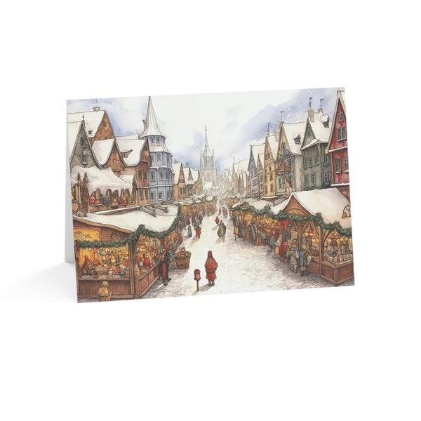 Yuletide Magic, German Christmas Market Theme, Horizontal Greeting Card, Available in Various Packs, Eco-friendly