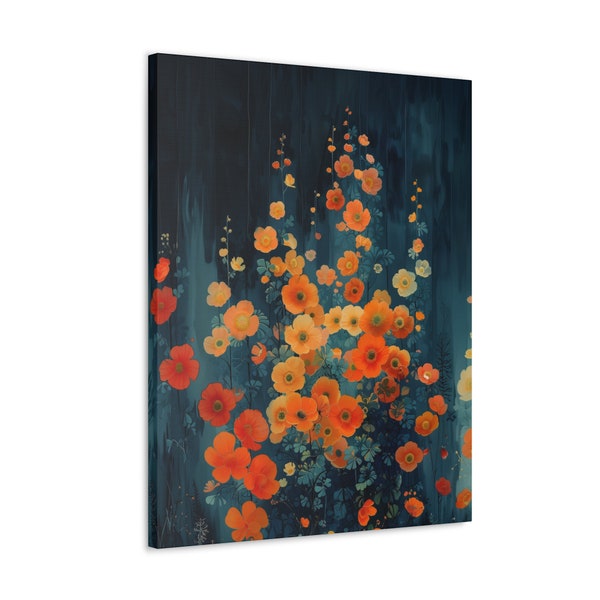 Orange and Yellow Floral Canvas Gallery Wrap, Decorative Painting Style with Dark Blue Background