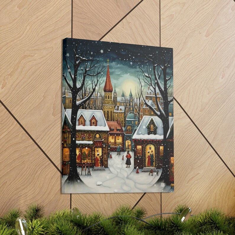Slovak Christmas Market Canvas Wrap, Festive Village Snow Scene Etsy