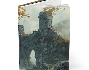 May include: Hardcover journal featuring a detailed illustration of a weathered stone archway and towers. The artwork depicts an ancient, overgrown structure with a muted color palette of grays, browns, and hints of gold, evoking a sense of history and mystery.