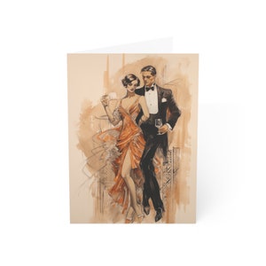 May include: A couple in formal attire, the woman in a flowing orange dress and the man in a black tuxedo, stand together in a stylized illustration. The background is a soft, abstract design in shades of brown and beige.