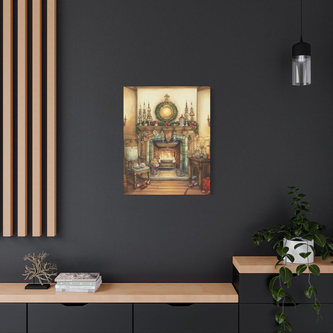 Festive Christmas Fireplace Mantel Canvas Wrap, Cozy Holiday Decor ...