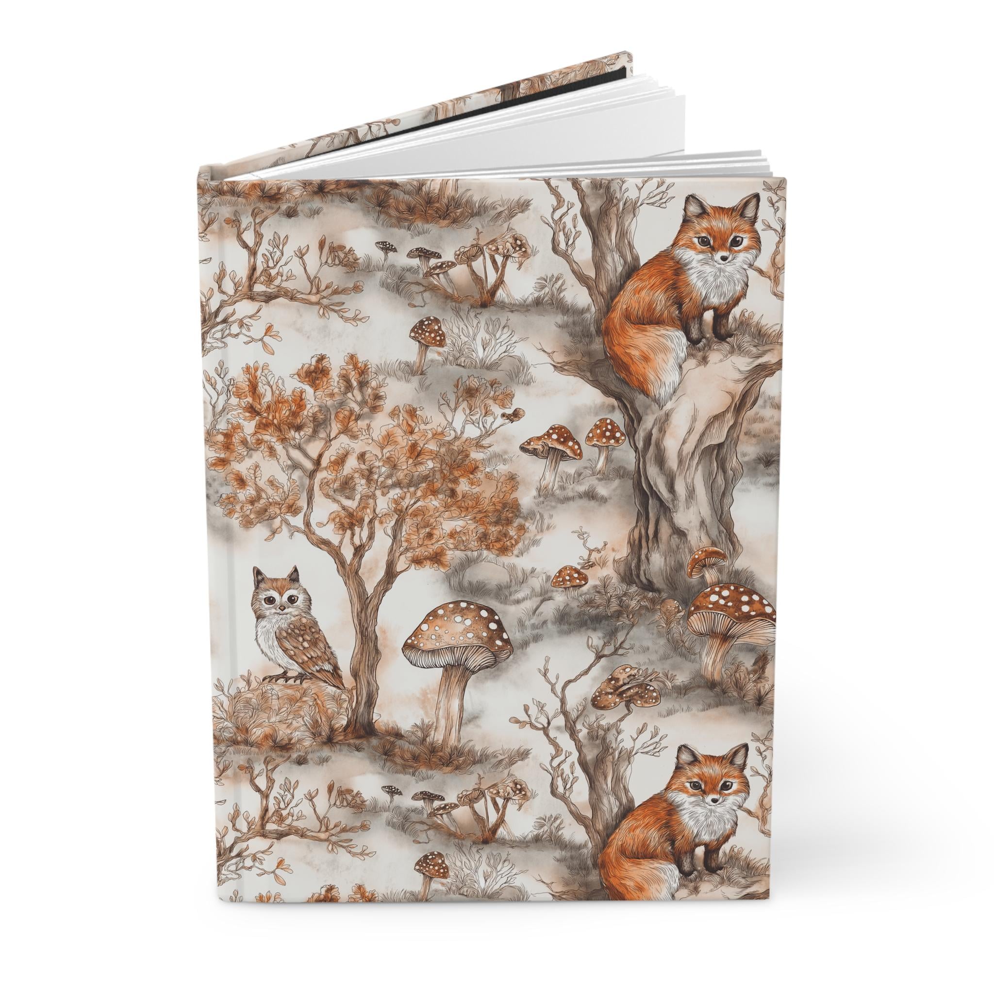 Whimsical Woodland Journal, Fox & Owl Forest Scene, Earthy Tones Hardcover Notebook