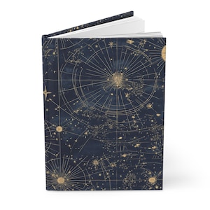 May include: Hardcover journal with a celestial map design. The cover features a dark blue background with a gold constellation pattern. The journal is open, revealing white pages.