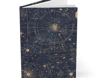 May include: Hardcover journal with a celestial map design. The cover features a dark blue background with a gold constellation pattern. The journal is open, revealing white pages.