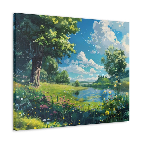 Summer Day Landscape Canvas Wrap -- Blue Sky, White Clouds, Green Grass & Wildflowers