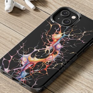 May include: A black phone case with a colorful abstract design. The design features a swirling pattern of blue, orange, yellow, and red colors on a black background.