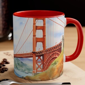 Golden Gate Bridge Watercolor Accent Coffee Mug, California Coffee Tea Cup, Golden Gate Bridge Coffee Mug, San Francisco Mug