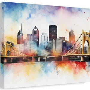 Stylized Pittsburgh Wall Art Canvas, Abstract Pittsburgh Watercolor Wall Art Canvas